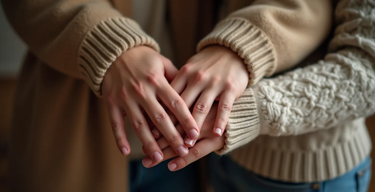 Nahaufnahme von zwei sich umarmenden Händen mit sanfter Berührung
