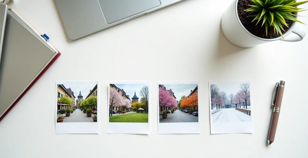 Visuelle Darstellung der Zwei-Jahreszeiten-Regel für Dating-Fotos mit Bildern aus verschiedenen Saisons.