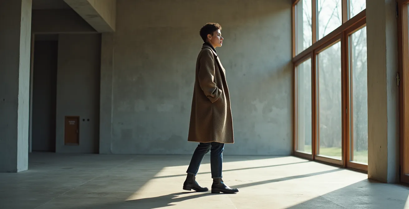 Person in hochwertigem, schlichtem Outfit zeigt selbstbewusste Präsenz