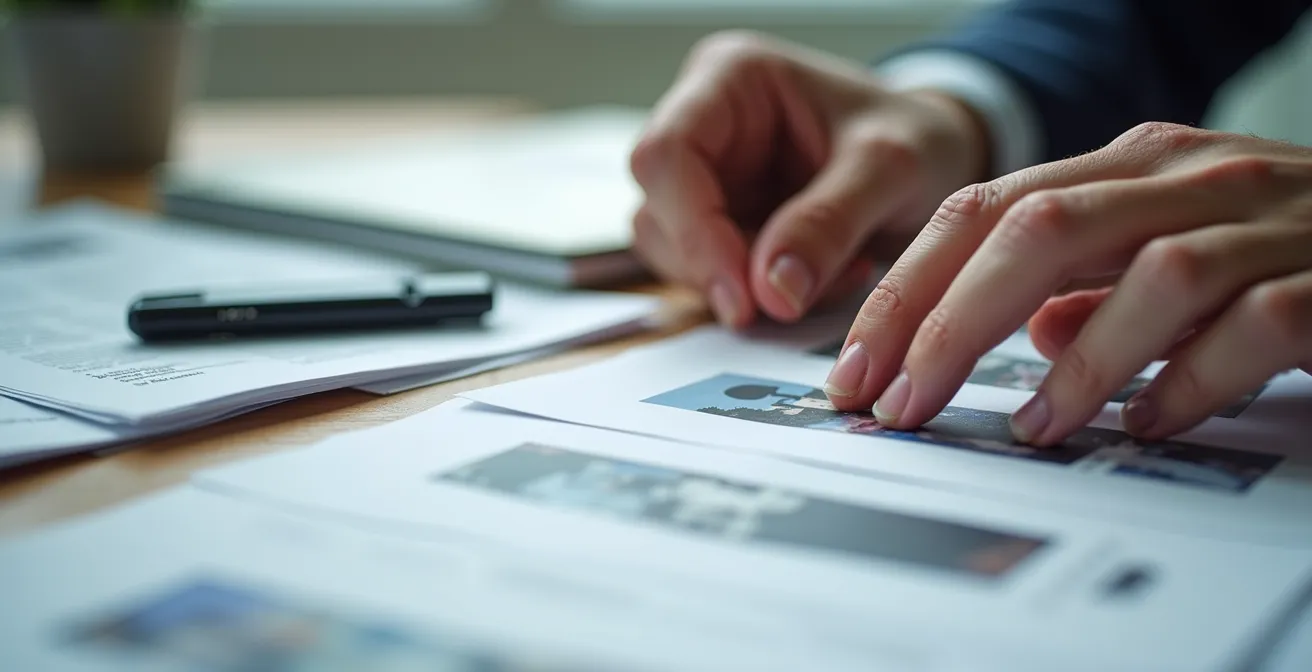 Nahaufnahme von Händen, die Dokumente und Fotos als Beweismittel für einen Online-Betrug sortieren.