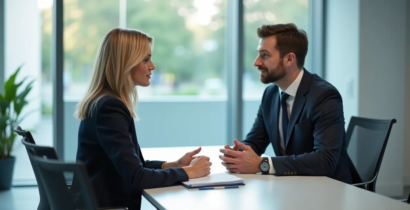 Geschäftsfrau und Geschäftsmann in einem professionellen Gespräch mit ausgewogenem, kompetent wirkendem Blickkontakt in einem modernen deutschen Büro