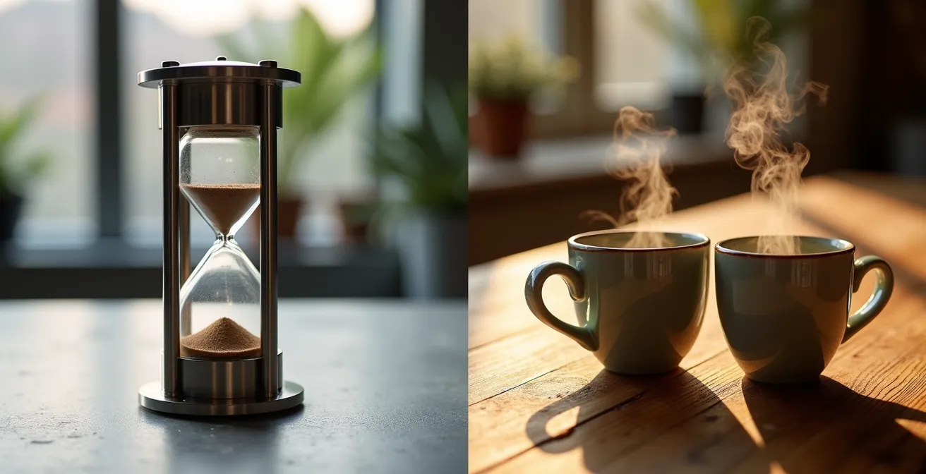 Symbolische Darstellung unterschiedlicher Chat-Dynamiken zwischen Stadt und Land, mit einer Sanduhr für die Stadt und Kaffeetassen für das Land.