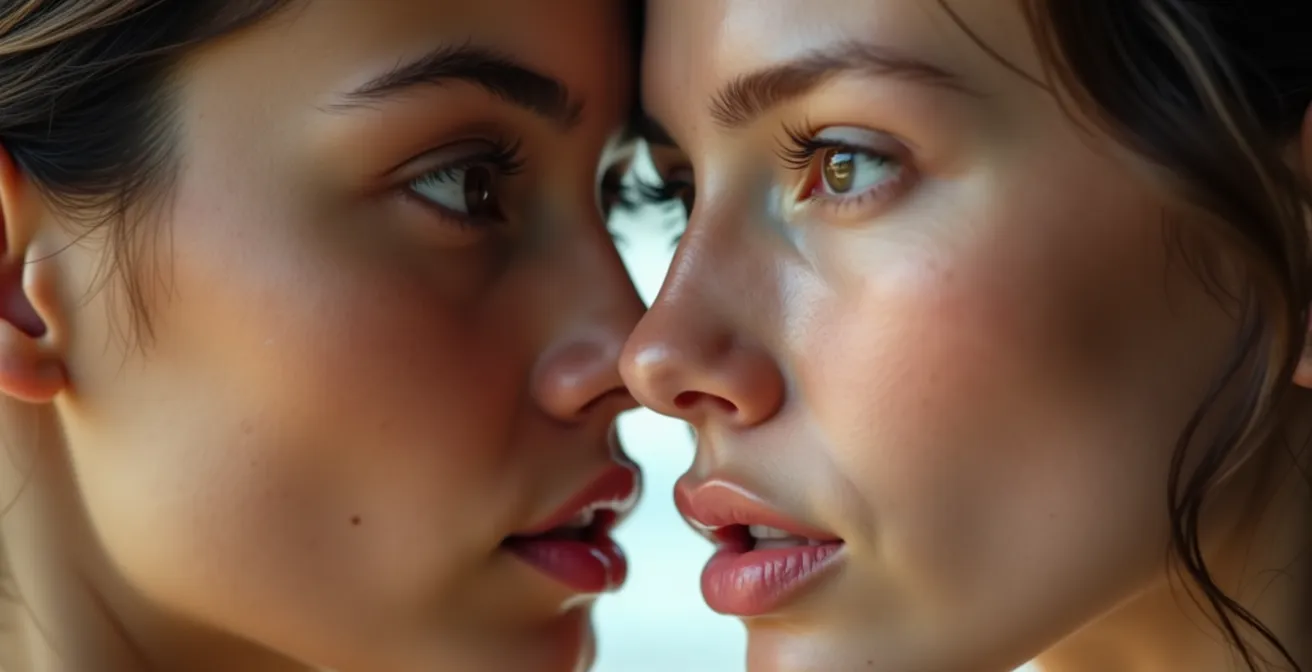 Nahaufnahme zweier Gesichter im Profil mit Fokus auf Augen und Lippen, die subtile Anziehung durch den Dreiecksblick andeutet