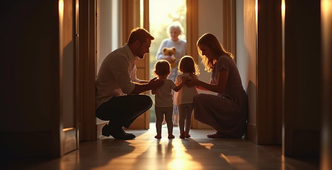 Eltern umarmen ihre Kinder liebevoll beim Abschied für ihren Abend zu zweit