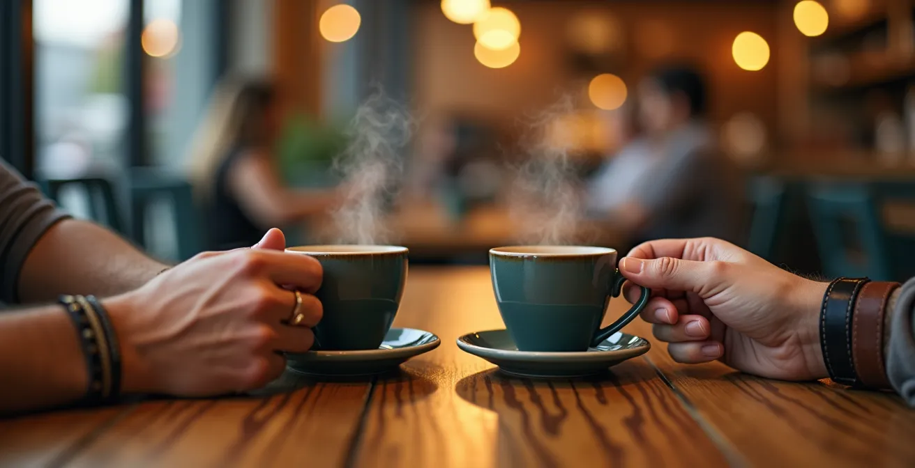 Nahaufnahme von Händen die Kaffeetassen halten beim ersten Date