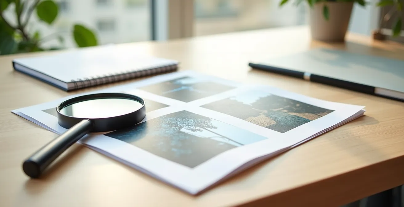 Werkzeuge zur Überprüfung von Dating-Profilbildern auf einem aufgeräumten Schreibtisch.