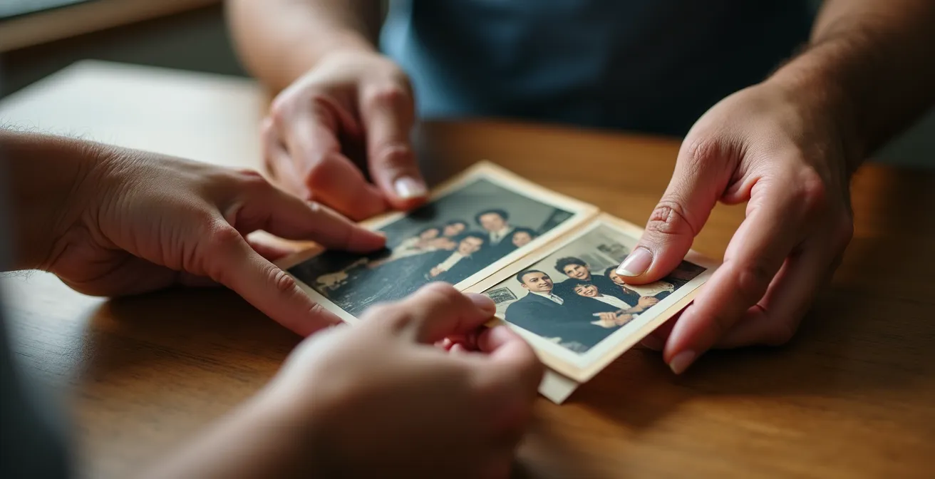 Nahaufnahme von Händen, die alte Familienfotos durchblättern in warmer Atmosphäre