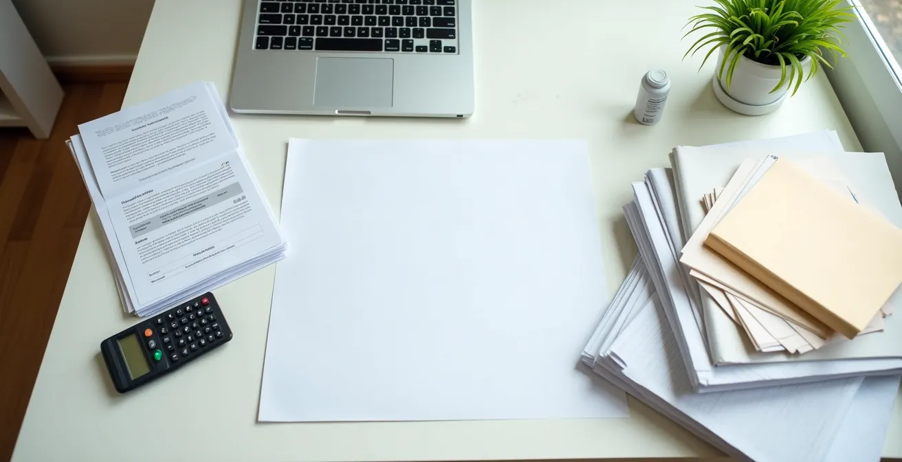 Ordentlich sortierte wichtige Dokumente und ein geöffneter Laptop auf einem Schreibtisch