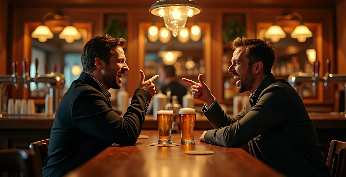 Humorvolle Unterhaltung zwischen zwei Personen an einer deutschen Bar