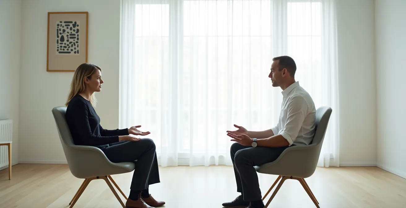 Zwei Menschen im respektvollen Gespräch auf Augenhöhe