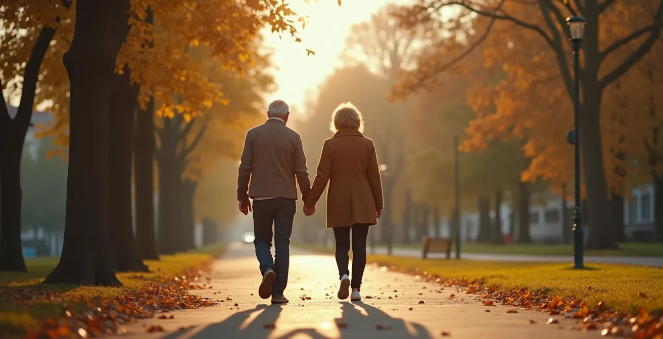 Älteres Paar hält Händchen beim Spaziergang im deutschen Stadtpark