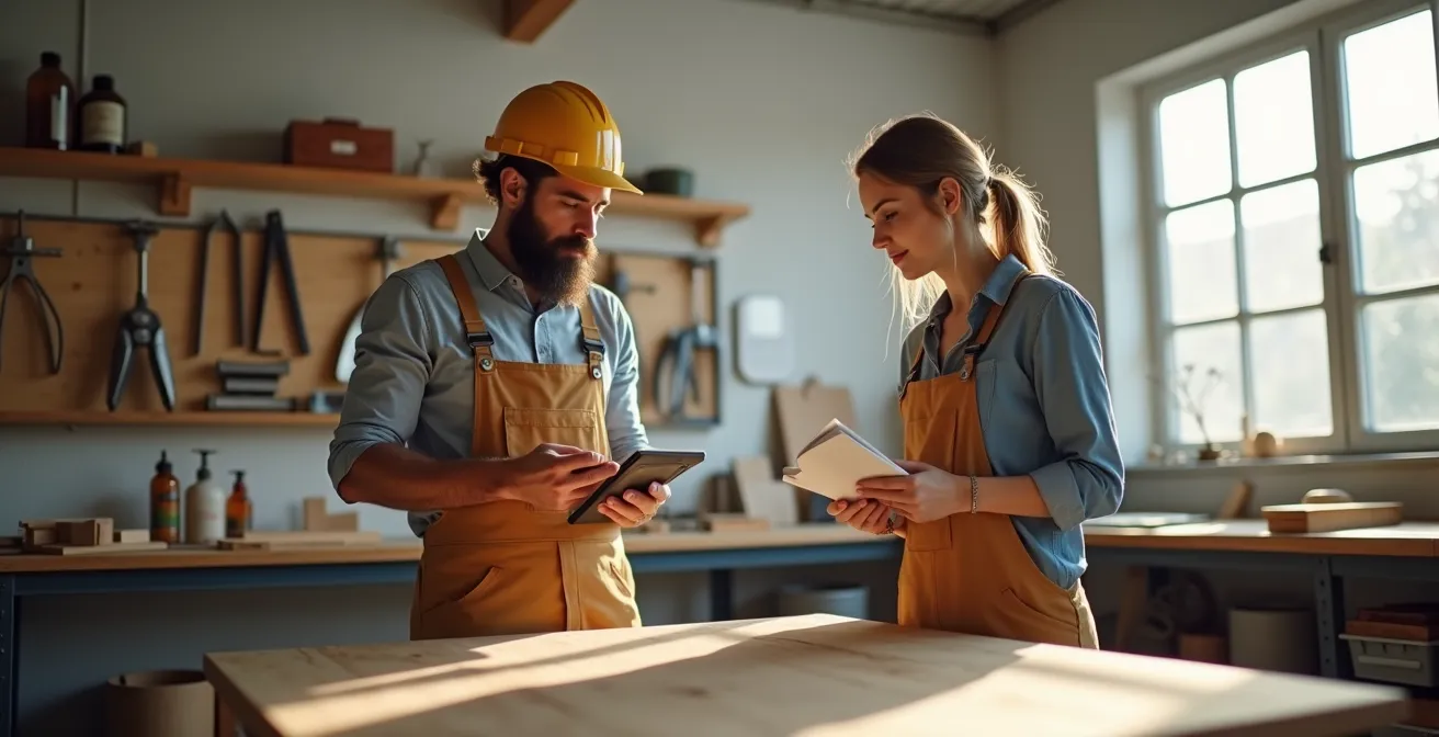 Handwerker und Akademikerin tauschen Wissen in einer Werkstatt aus