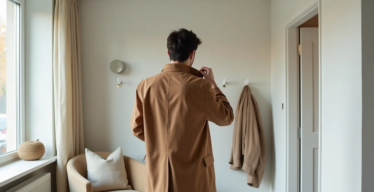 Eine Person in einer minimalistischen deutschen Wohnung zeigt eine natürliche, aufrechte Haltung ohne Übertreibung, bevor sie ausgeht.