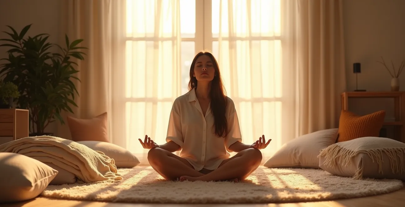 Person in meditativer Haltung in einem warmen, geschützten Raum, der einen inneren sicheren Ort symbolisiert.