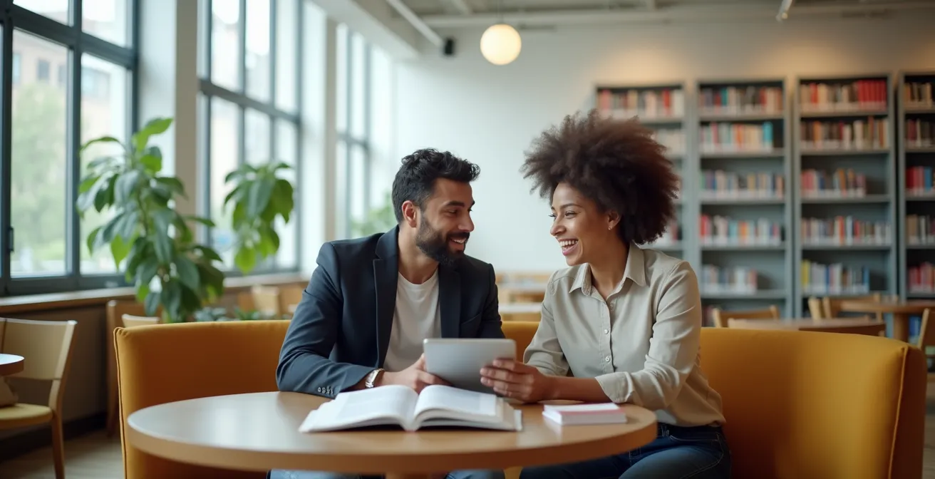 Zwei Menschen aus unterschiedlichen Bildungshintergründen finden gemeinsame Interessen in einem entspannten Umfeld