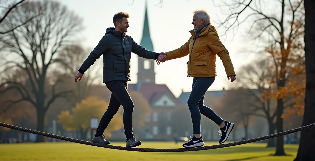 Zwei Menschen balancieren gemeinsam auf einem Seil über einem deutschen Stadtpark, was die gegenseitige Unterstützung in einer Partnerschaft symbolisiert.