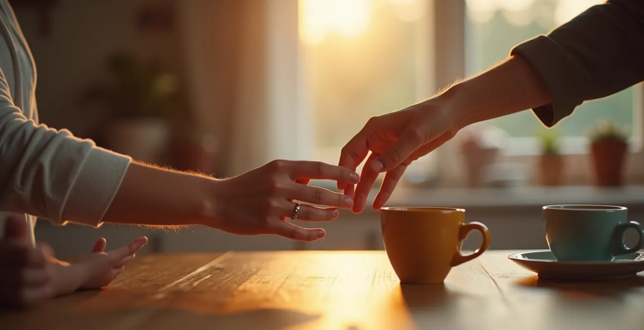Zärtliche Berührung zwischen Eltern im Alltag, während sie sich eine Kaffeetasse über den Tisch reichen.
