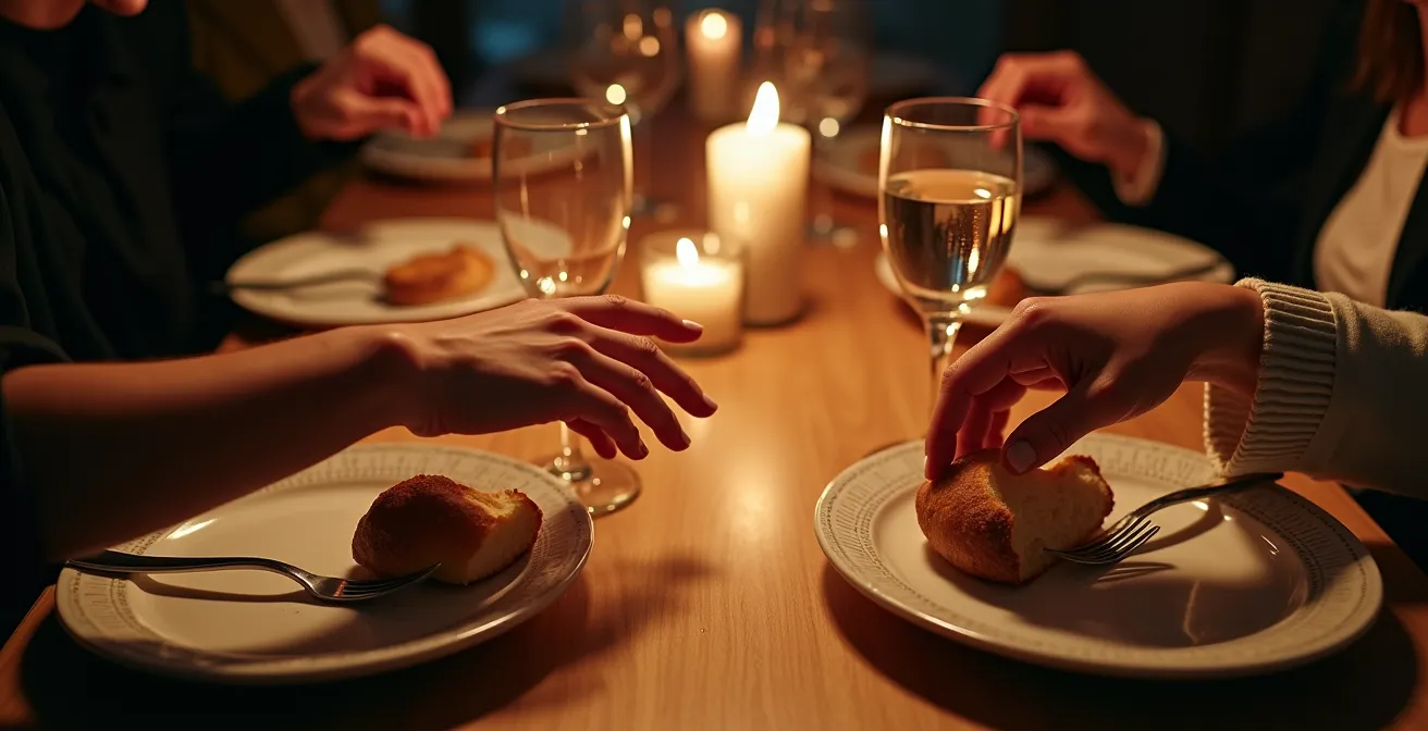 Paar beim gemeinsamen Abendessen mit Kerzenlicht in lebhaftem Gespräch