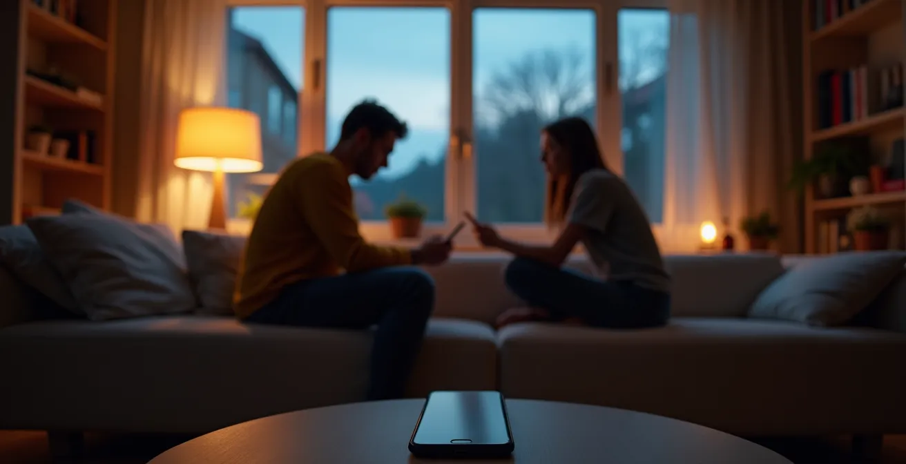 Paar beim abendlichen Ritual im Wohnzimmer mit wegelegten Smartphones