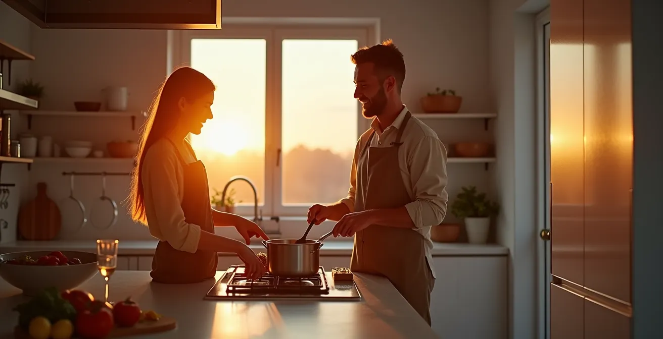 Verliebtes Paar kocht gemeinsam in stimmungsvoll beleuchteter Küche