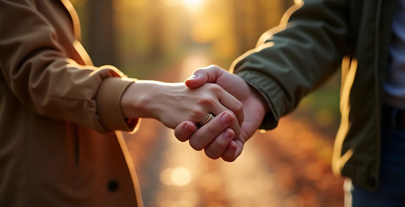 Ein Paar beim Spaziergang in der Natur bei Sonnenuntergang