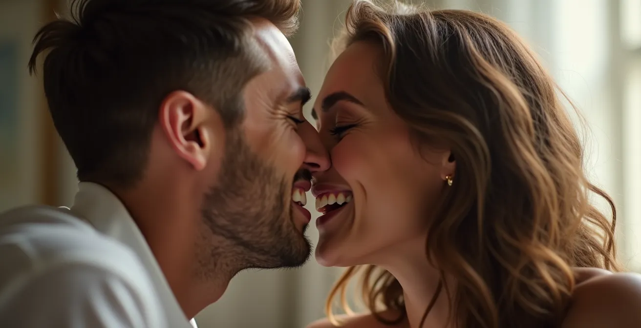 Ein Paar entdeckt spielerisch neue Seiten aneinander in vertrauter Umgebung