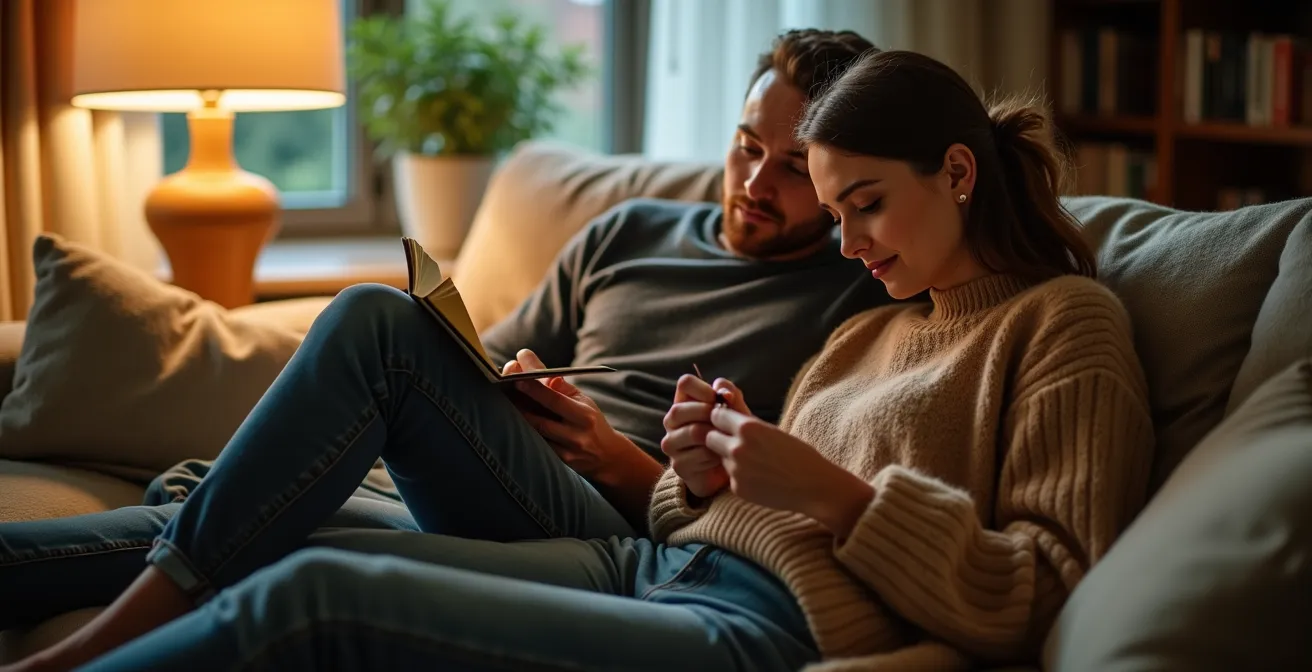 Ein Paar auf einem Sofa bei entspannten, parallelen Aktivitäten. Eine Person liest ein Buch, während ihre Beine mit denen des Partners verflochten sind, der zeichnet. Dies symbolisiert Nähe ohne Druck.