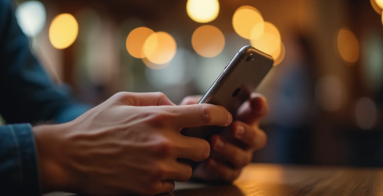 Nahaufnahme von Händen, die ein Smartphone halten mit verschwommener Kaffeehausumgebung