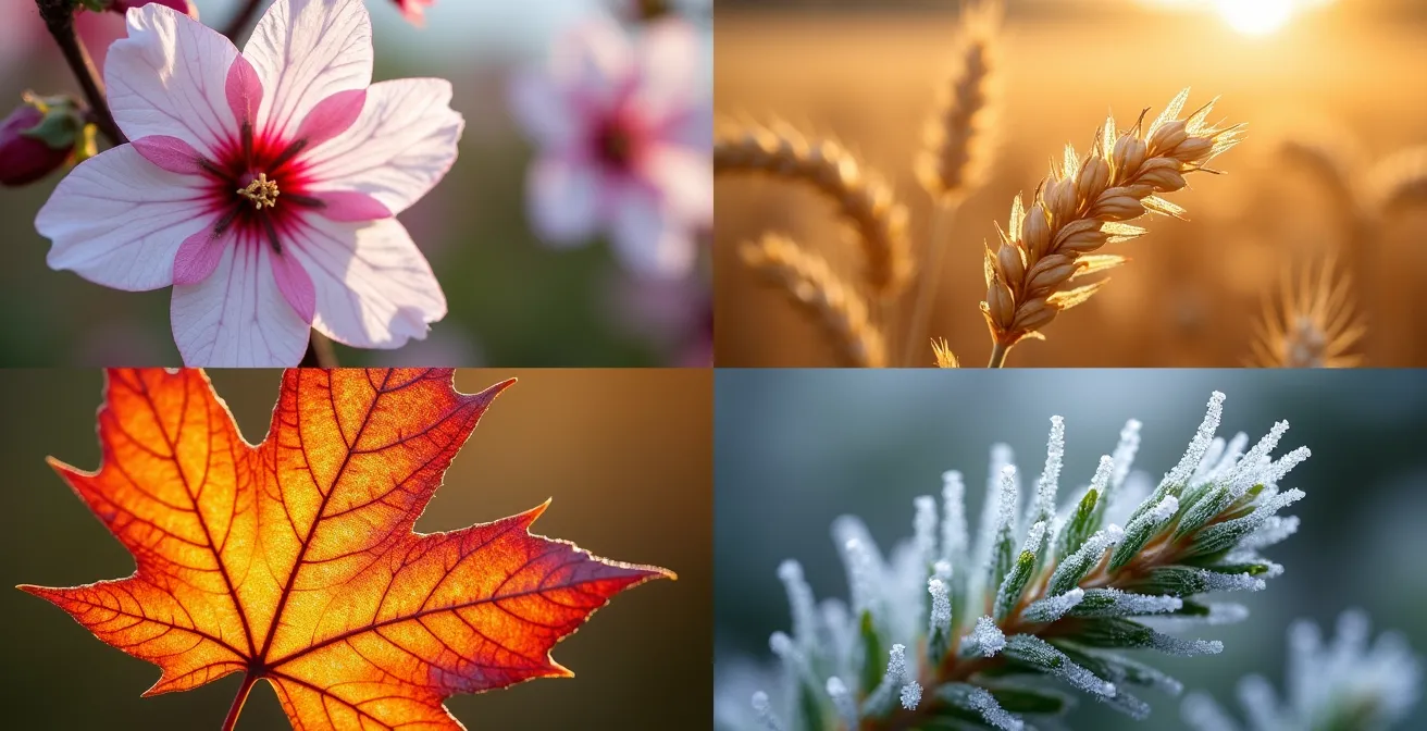 Vier Jahreszeiten-Collage, die die Notwendigkeit für saisonale Updates des Dating-Profils symbolisiert.