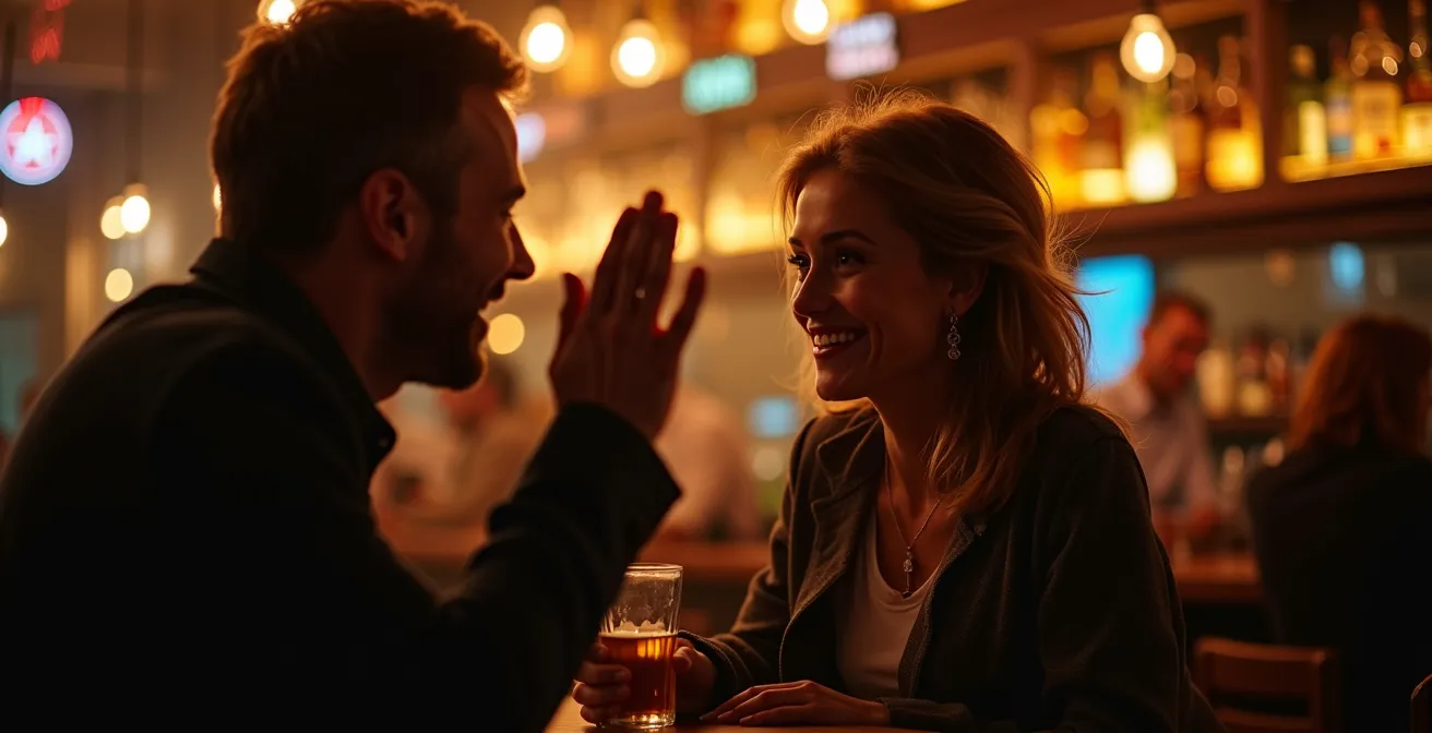 Zwei Personen in einer Bar verabschieden sich freundlich und respektvoll nach einem Gespräch