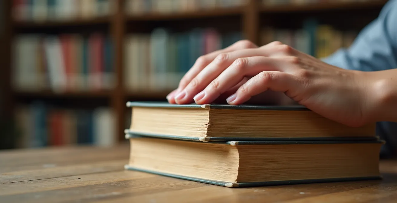 Nahaufnahme von Händen über aufgeschlagenen Büchern mit warmem Licht