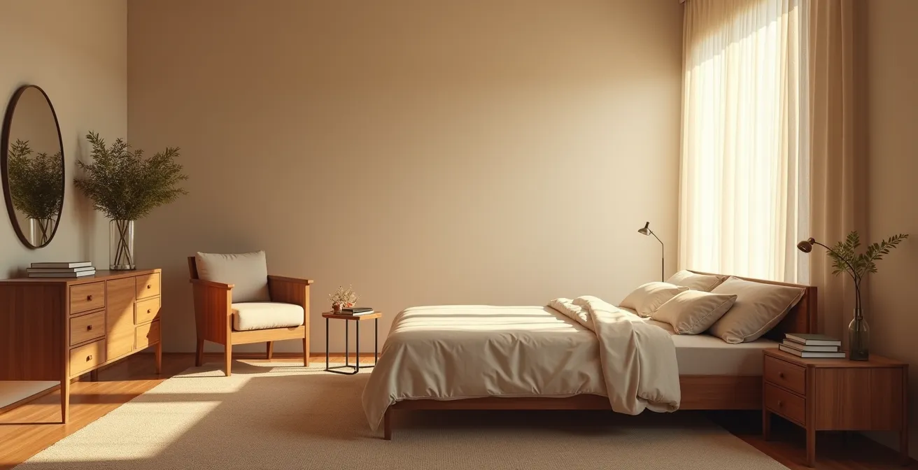 Ein minimalistisch gestaltetes Schlafzimmer mit warmem Licht und natürlichen Texturen