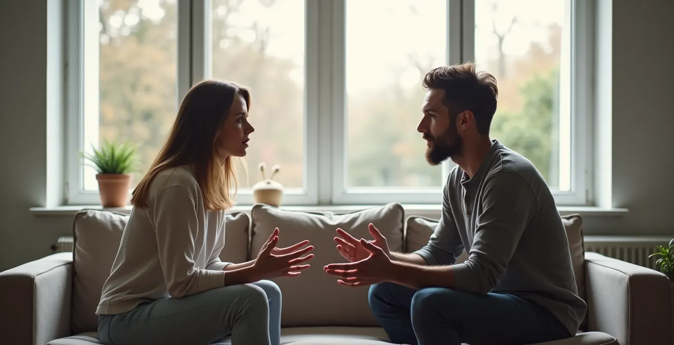 Paar in ruhigem Gespräch mit Augenkontakt zeigt sichere Bindung