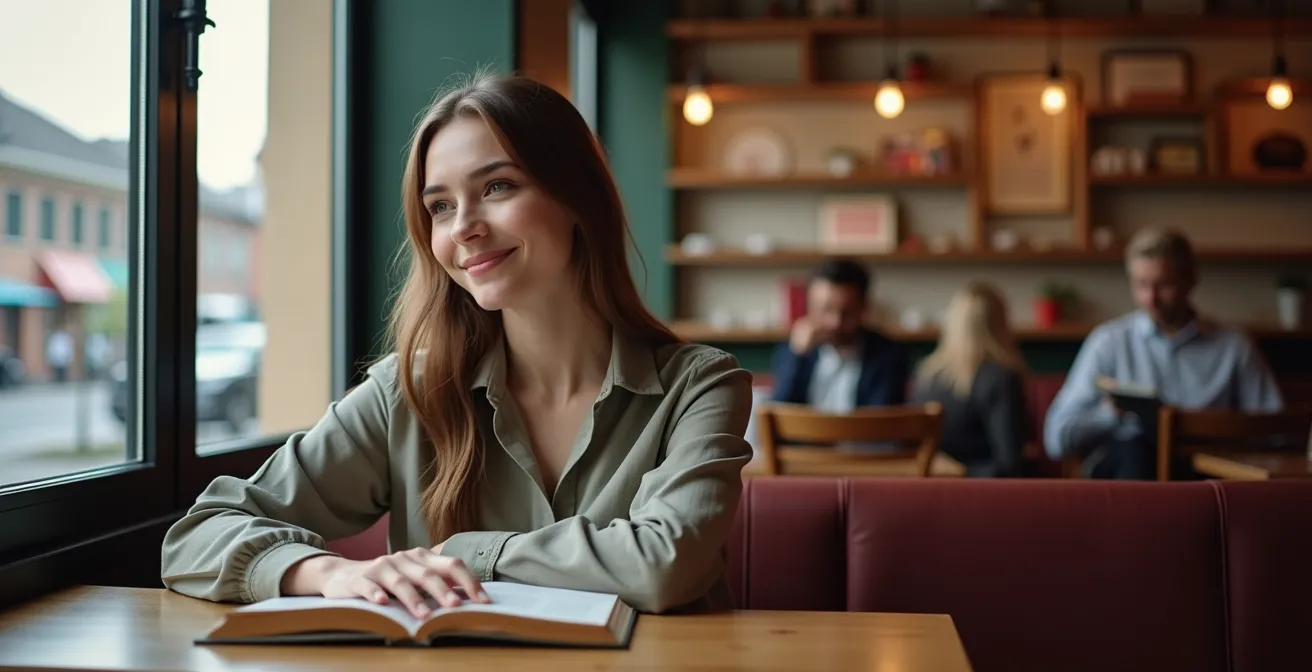 Person im Café zeigt durch entspannte Körperhaltung und umherschweifenden Blick Offenheit für Kontakt