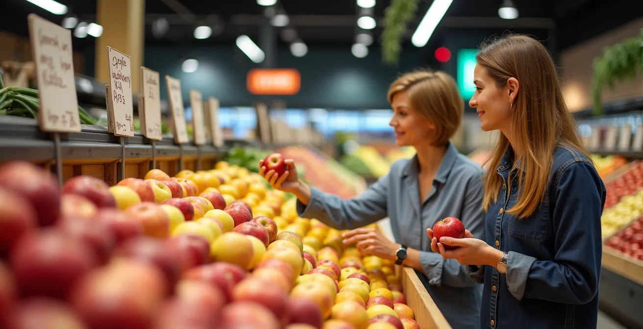 Natürliche Begegnung beim Einkaufen in der Obstabteilung