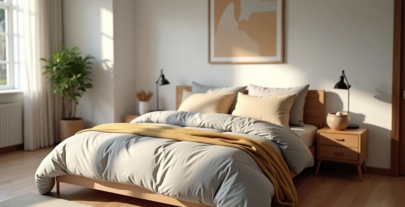 Modernes Schlafzimmer mit skandinavischem Bettkonzept, das zwei separate Bettdecken auf einem gemeinsamen Bett zeigt und so individuellen Komfort in der Gemeinsamkeit symbolisiert.