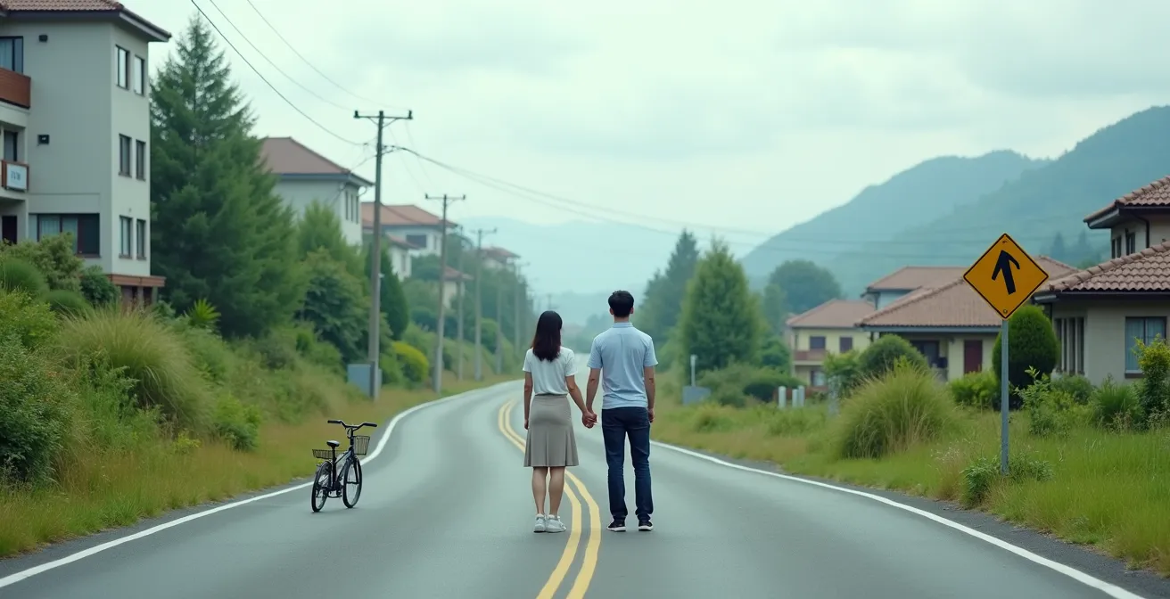 Ein Paar mit Kind, das an einer Weggabelung steht, die symbolisch in eine städtische und eine ländliche Umgebung führt.