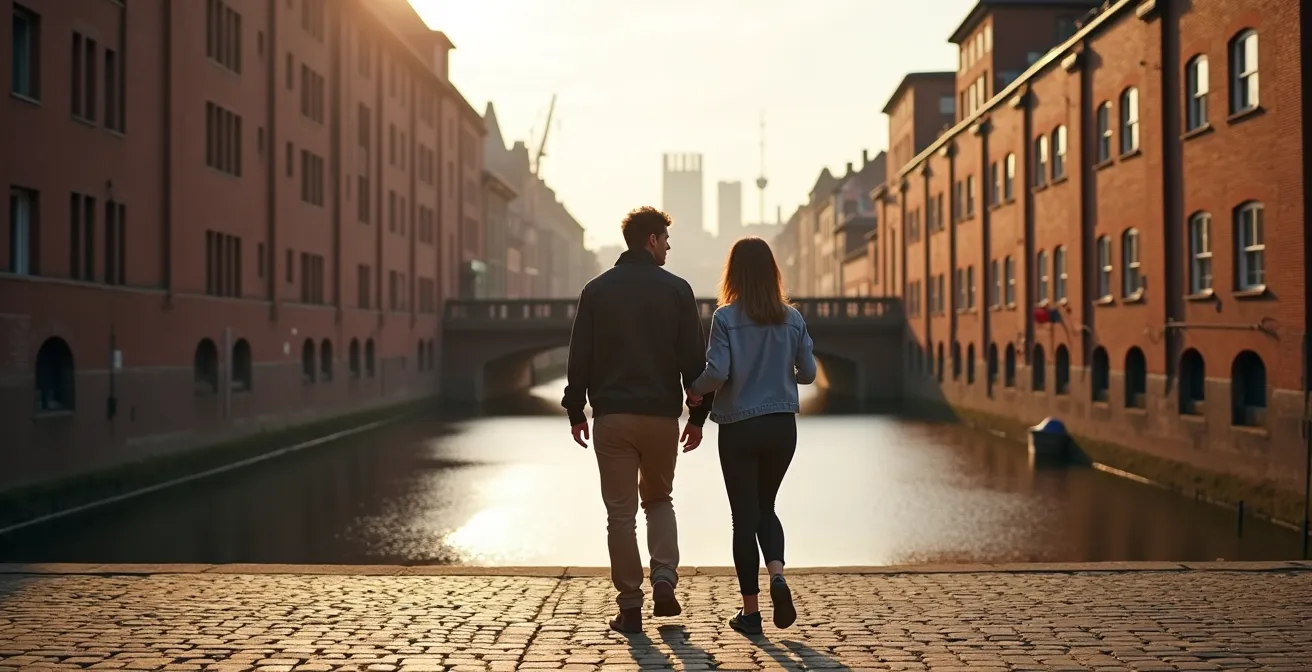 Ein Paar spaziert durch die historische Backsteinarchitektur der Hamburger Speicherstadt an einem Wasserkanal entlang.