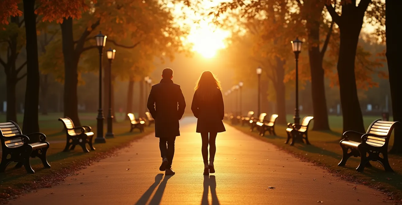 Weitwinkelaufnahme eines Paares beim Spaziergang im Park mit herbstlicher Atmosphäre