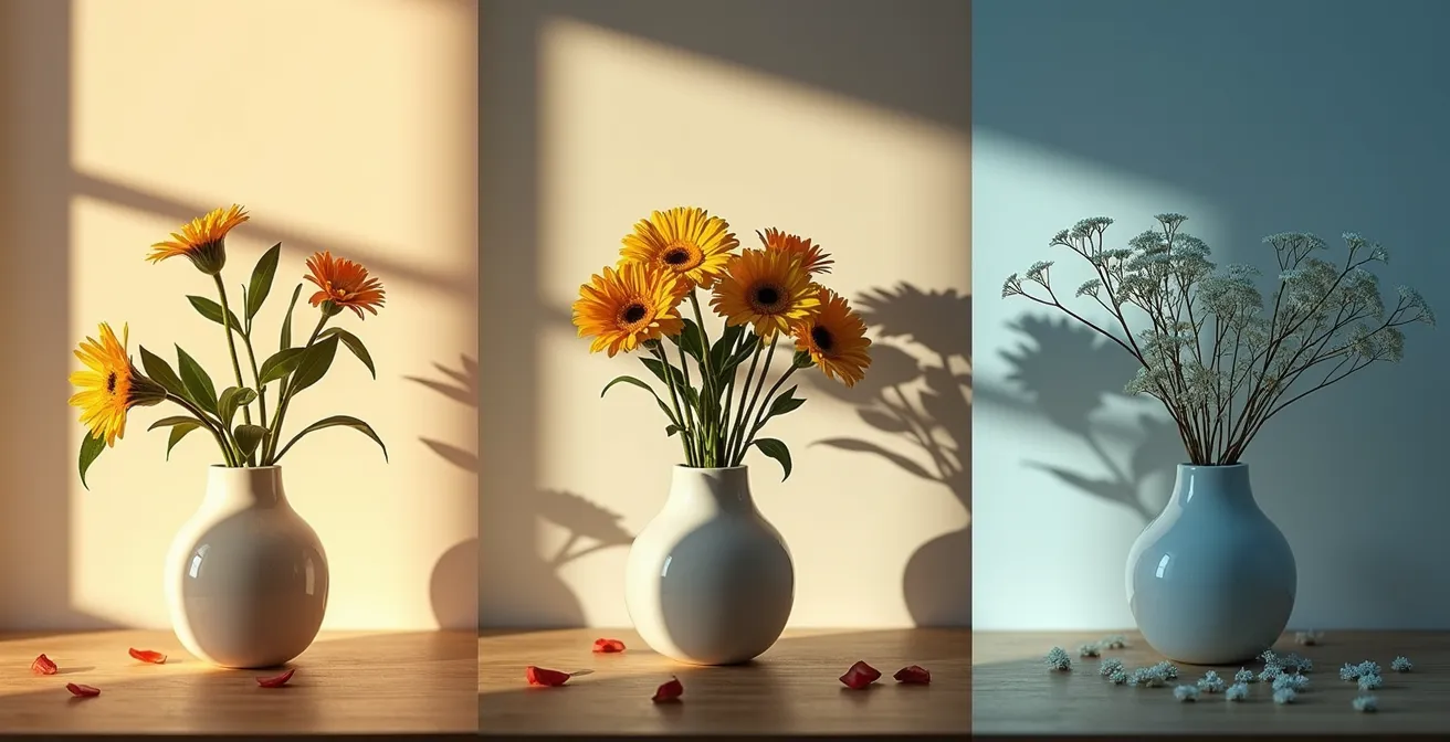 Drei aufeinanderfolgende Szenen einer sich verschlechternden Beziehungsdynamik in abstrakten Farben