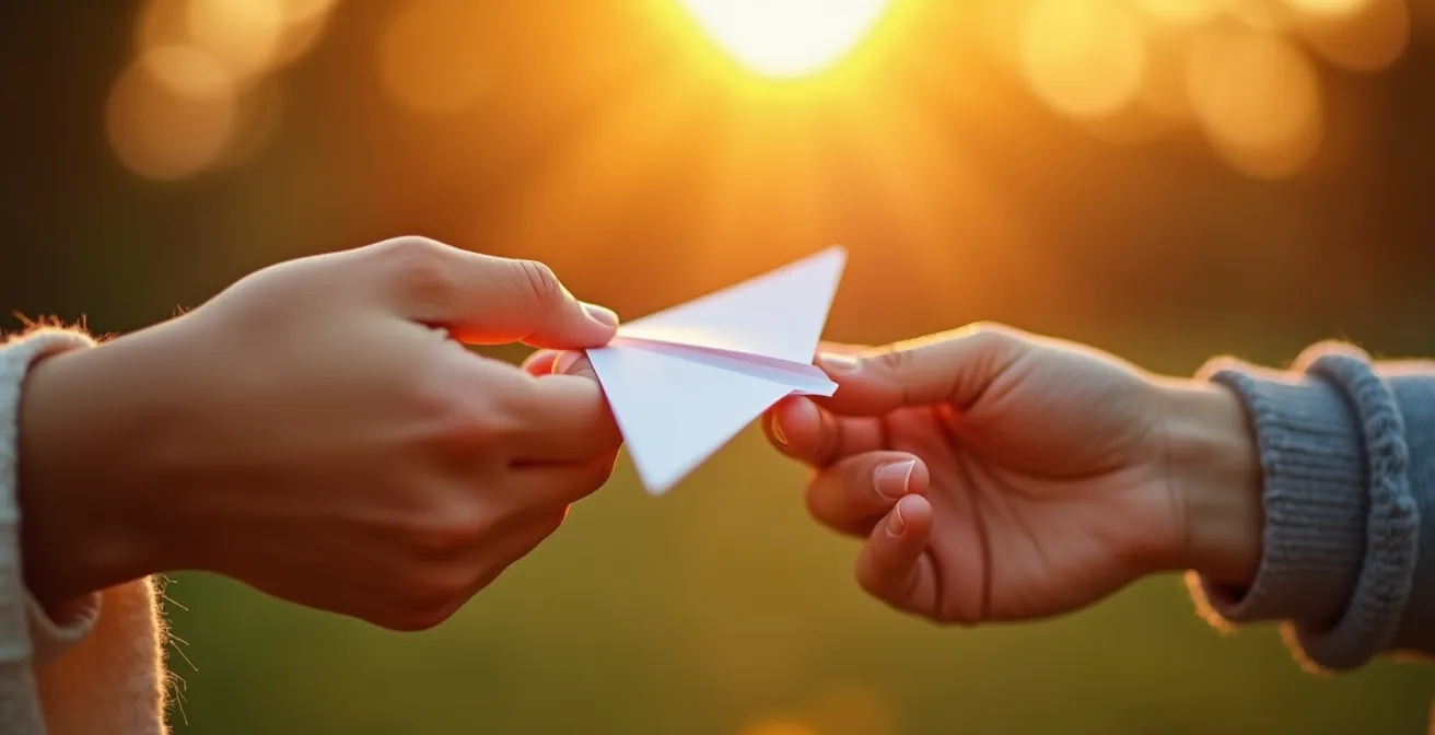 Zwei Hände halten behutsam einen Papierflieger, als Symbol für gemeinsame Zukunftspläne und Träume.