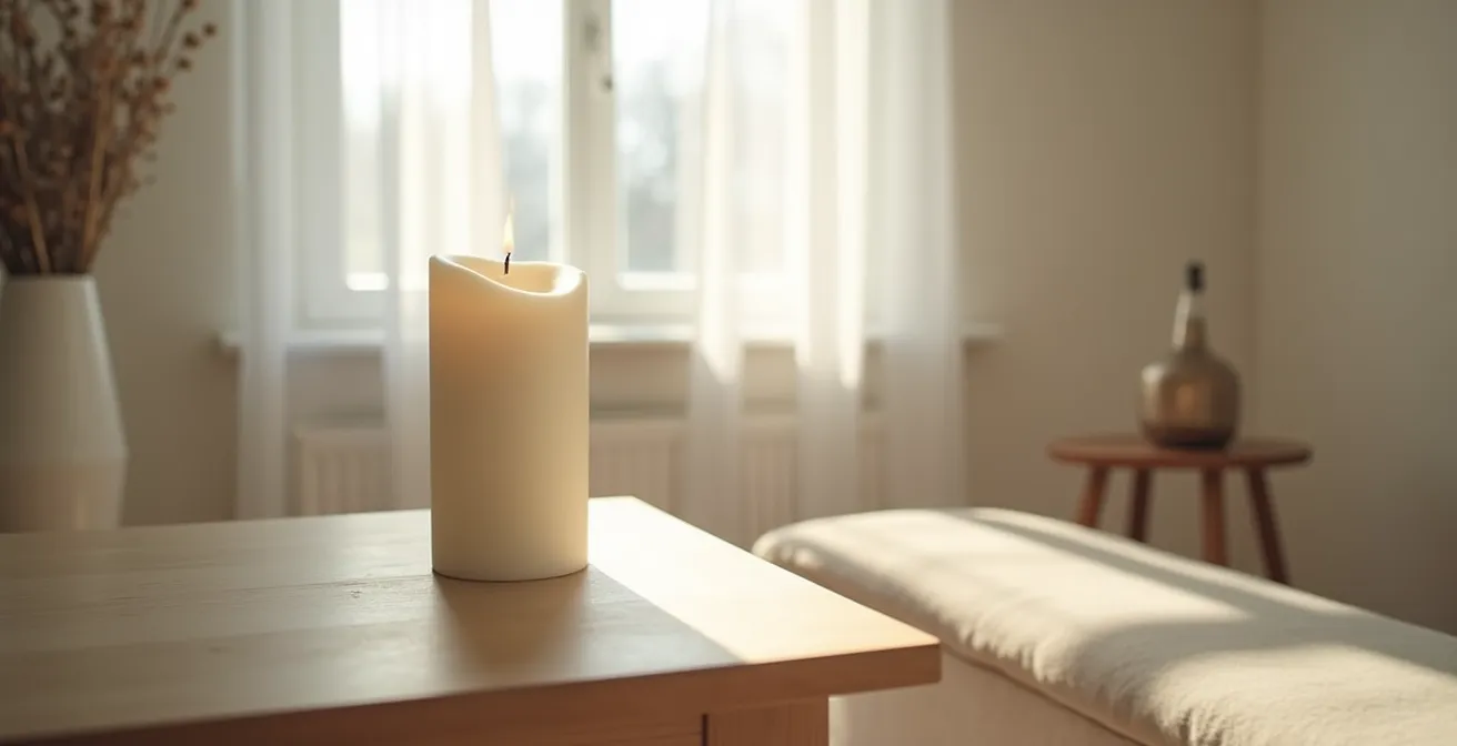 Kerze brennt in einem ruhigen Raum als Symbol der Trauerphase