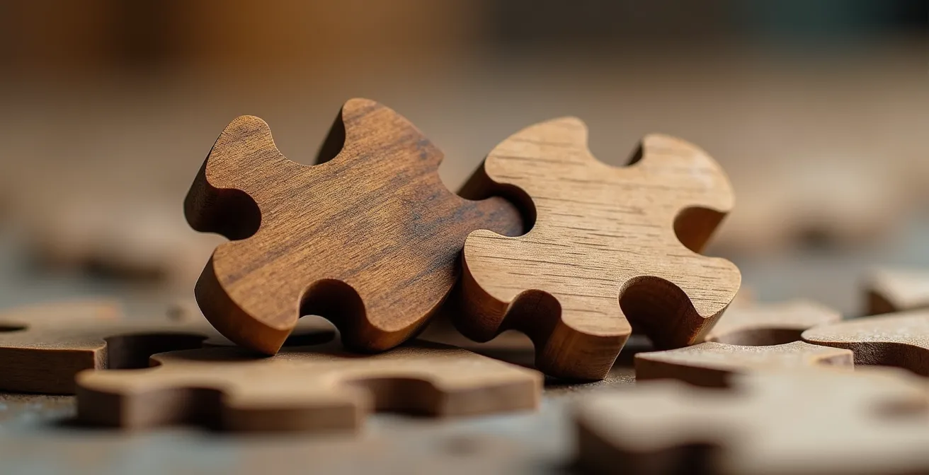 Abstraktes Bild zweier ineinandergreifender Puzzleteile in Nahaufnahme