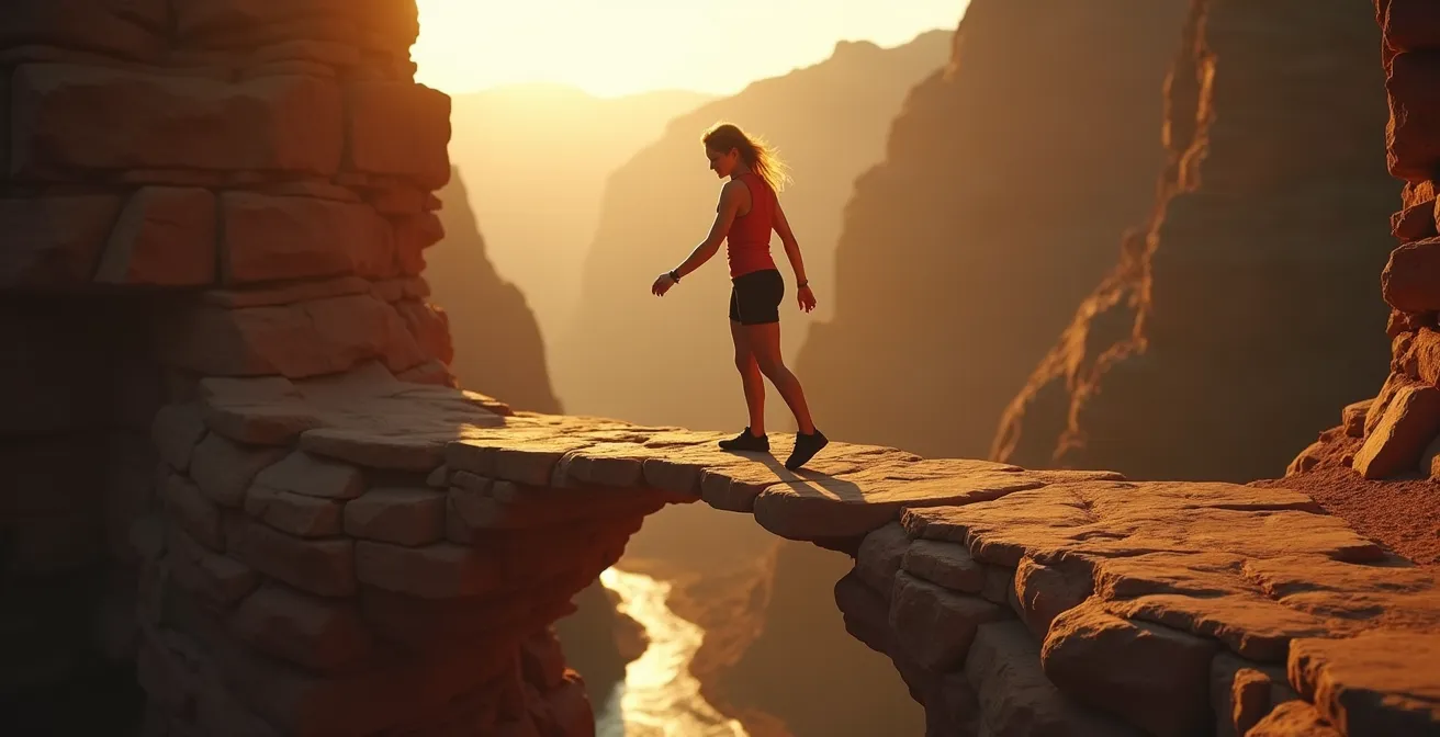 Balancierender Mensch auf schmalem Pfad zwischen Felsen