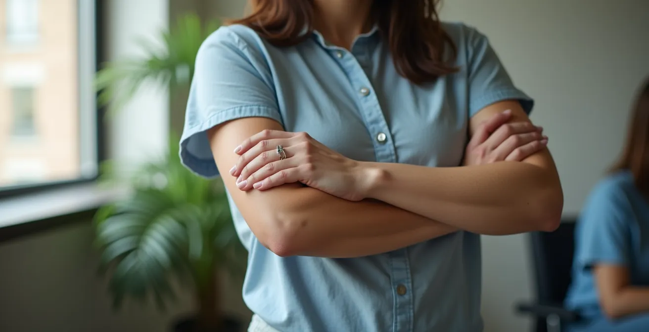 Person mit verschränkten Armen in verschiedenen Kontexten zeigt unterschiedliche Bedeutungen